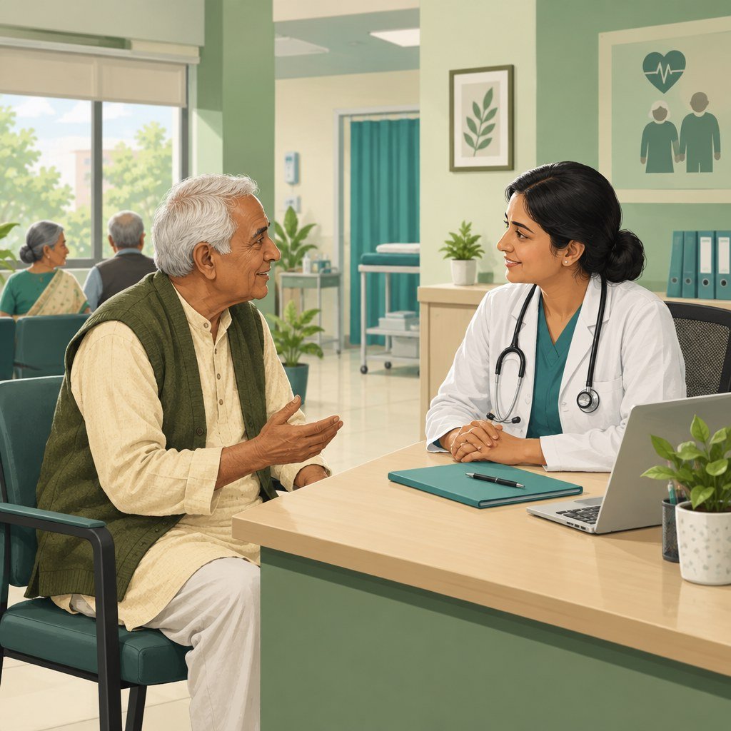 वरिष्ठ नागरिक और स्वास्थ्यकर्मी का मौलिक डिजिटल चित्र; वास्तविक मरीज की फोटो नहीं