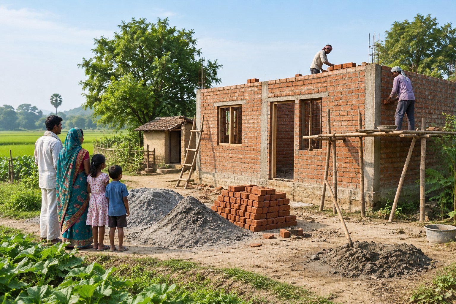 ग्रामीण भारत में पक्के घर का निर्माण दर्शाता प्रतीकात्मक दृश्य, PMAY Gramin गाइड